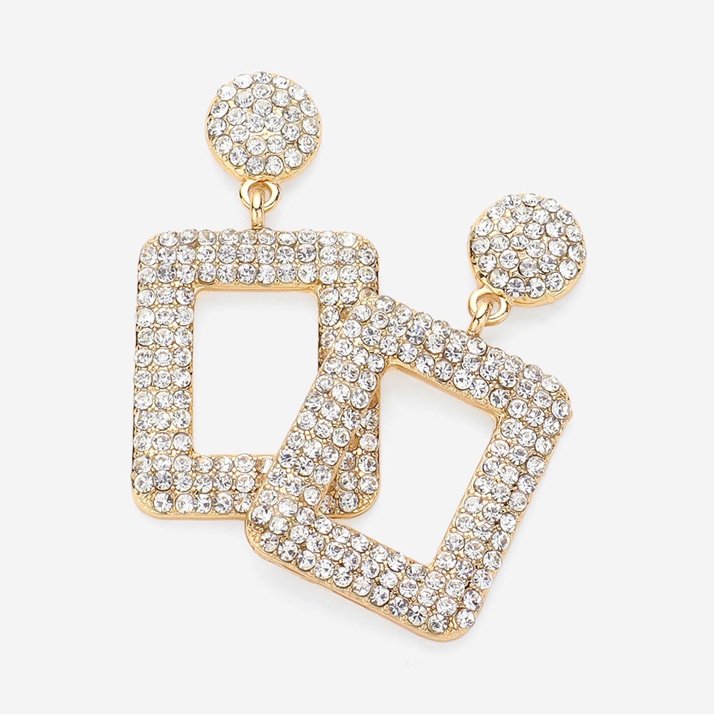Gold Rhinestone Open Square Statement Earrings